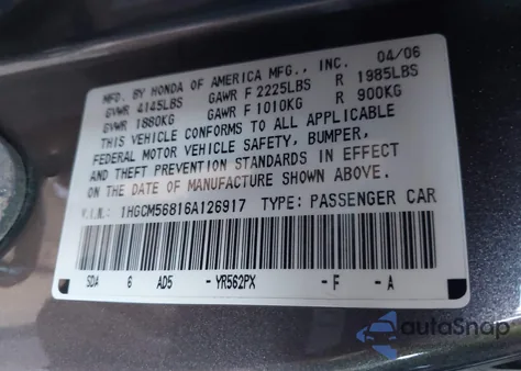 2006 Honda Accord 2.4 Ex from USA, damaged, VIN 1HGCM56816A126917